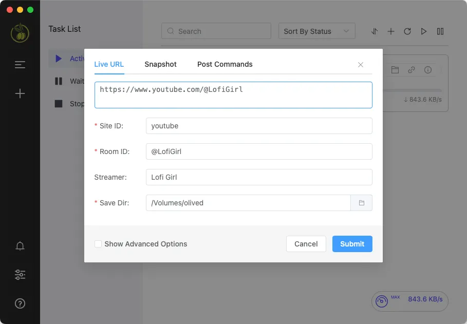 Olived interface: Adding a new recording task by pasting a URL
